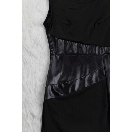 Leather Panel Textured Shift Black Dress