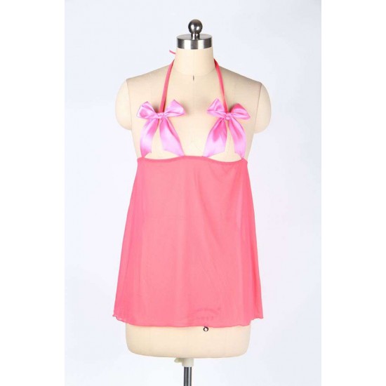 Dark Pink Plus Size Halter Babydoll With Cute Bowknot