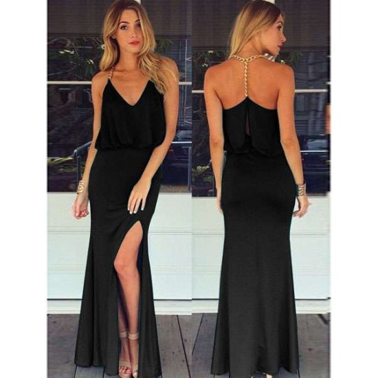 Black Gold Chain Halter Maxi Dress with T Back