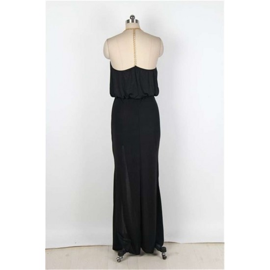 Black Gold Chain Halter Maxi Dress with T Back