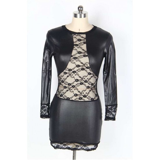 Lace Black Leather Sleeved Mini Dress