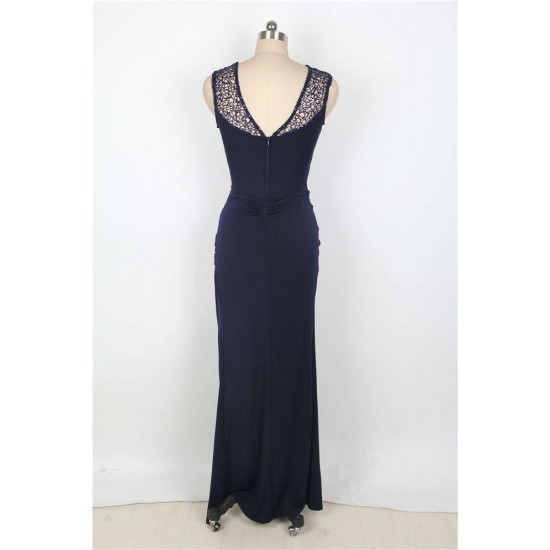 Elegant Purplish Blue Side Lace Detail Maxi Dress