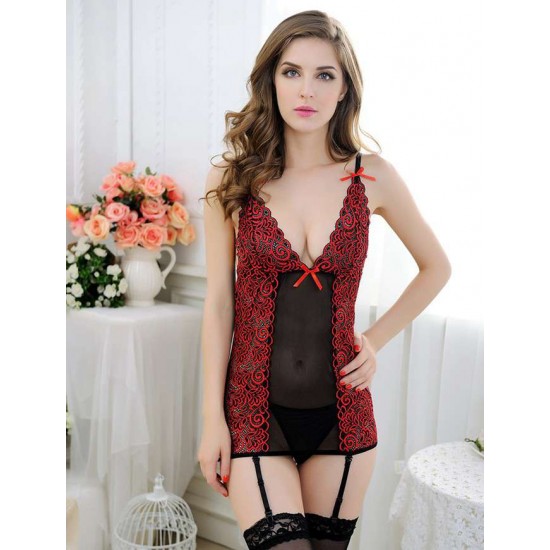 Red Rose Lace and Mesh Garter Chemise