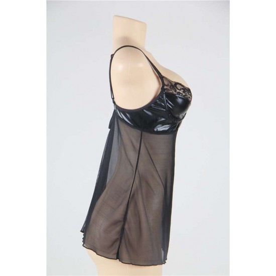 Black Plus Size Transparent Babydoll With Leather Bra  