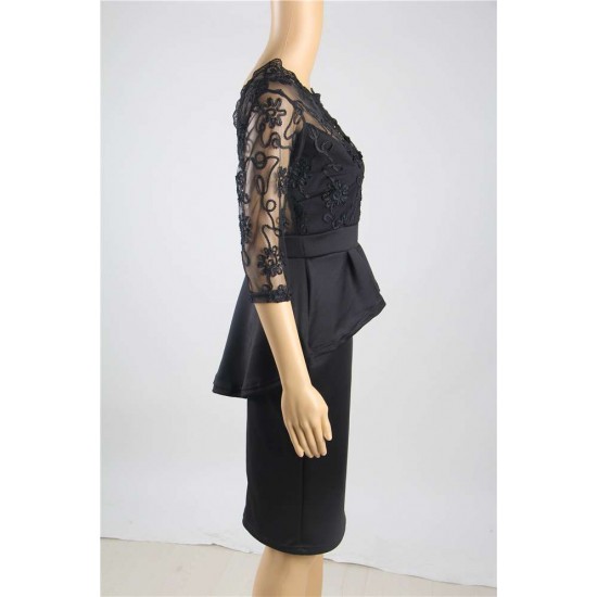 Plus Size Three Quarters Sleeve Embroidery Black Peplum Dress