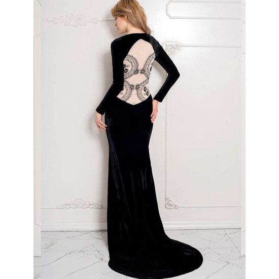 Black Long Sleeve Pattern Back Sheer Prom Dress