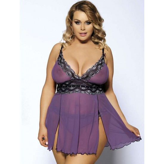 Purple Plus Size Mesh and Metallic Lace Babydoll