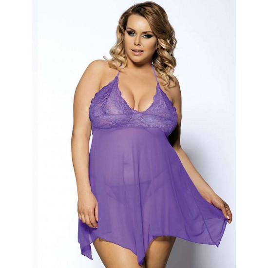 Purple Plus Size Halter Lace Top Babydoll