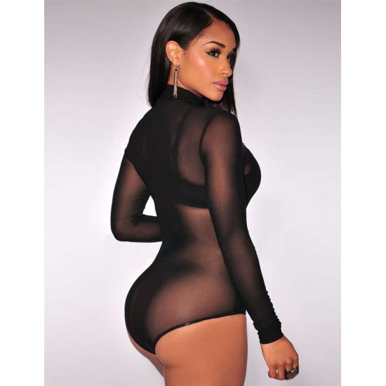 Black Sheer Mesh Long Sleeve Bodysuit