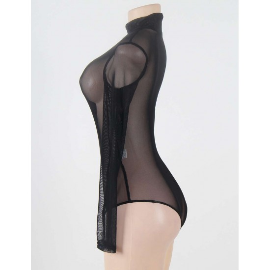 Black Sheer Mesh Long Sleeve Bodysuit