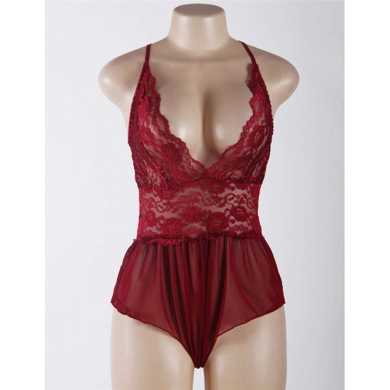 Wine Red Halter Lace Plus Size Teddy Lingerie