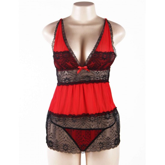 V-Neck Floral Lace Dark Red Plus Size  Babydoll