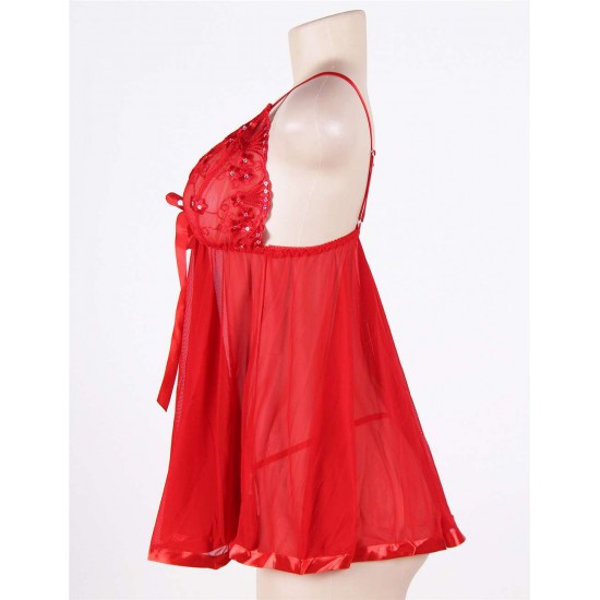 Bright Red Queen Size Floral Bra Babydoll