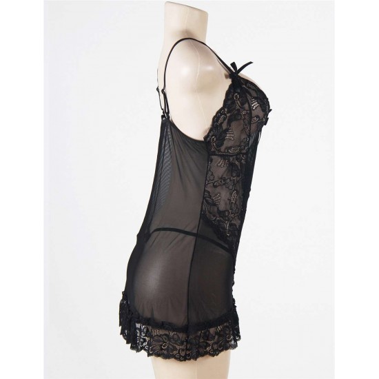 Black Transparent Embroidered Lace Plus Size Babydoll