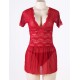 Red Plus Size V Neck Mesh Scalloped Lace Babydoll With Short Sleeve