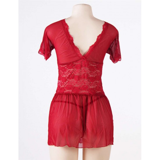 Red Plus Size V Neck Mesh Scalloped Lace Babydoll With Short Sleeve