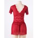 Red Plus Size V Neck Mesh Scalloped Lace Babydoll With Short Sleeve