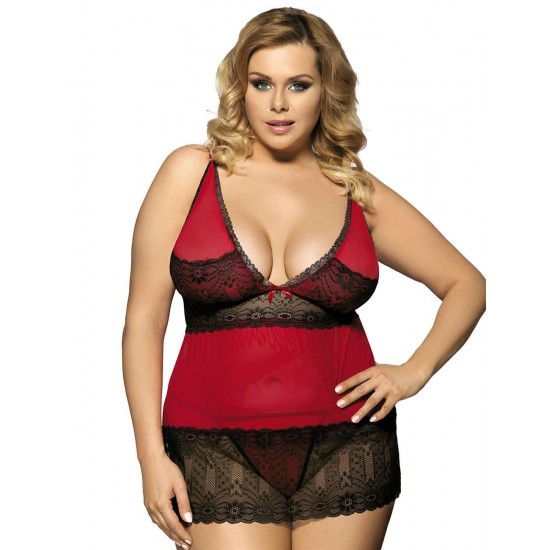 V-Neck Floral Lace Dark Red Plus Size  Babydoll