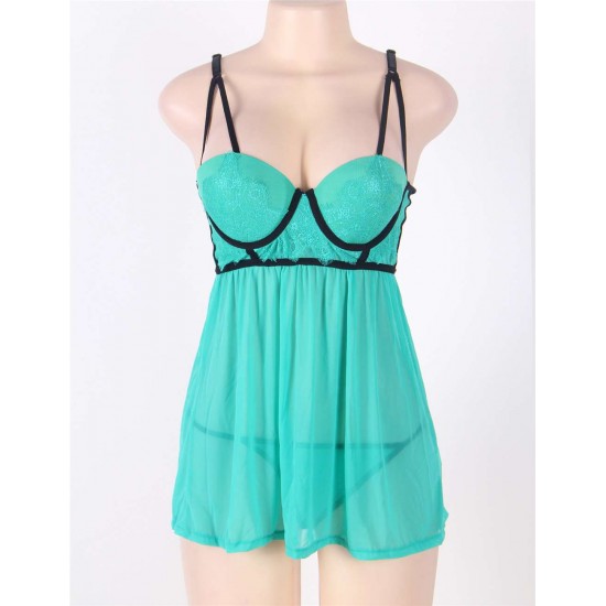 Microfiber and Mesh Green Lace babydoll Set