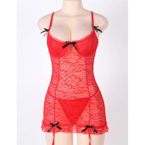 Red Soft Lace Ribbon Trim Lingerie Set