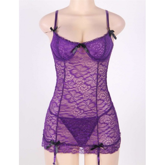 Purple Obsessive Garter Slip Mesh Babydoll