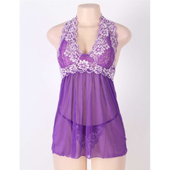 Purple Floral Halter Plus Size Babydoll