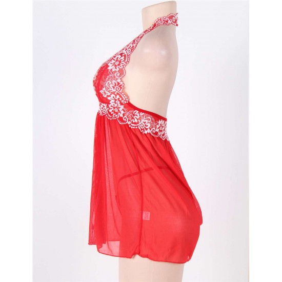 Red Halter Floral Plus Size Babydoll With G-String