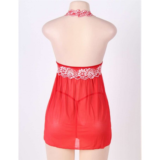 Red Halter Floral Plus Size Babydoll With G-String