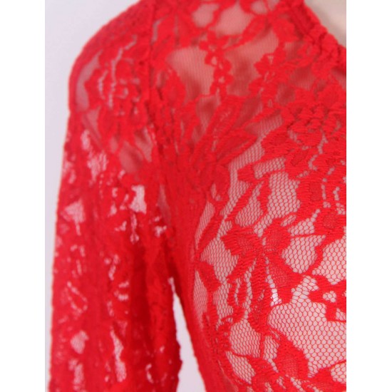 Beaming Red Lace Long Sleeve Croch Dress