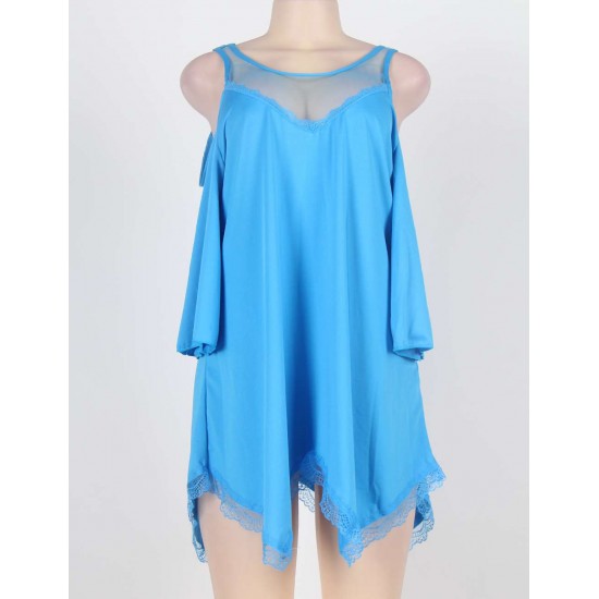 Blue Plus Size Hollow Shoulder Nightdress