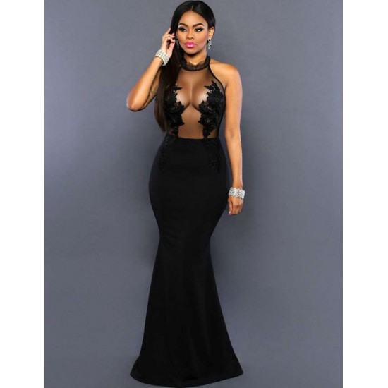 Black Transparent Mesh Applique Maxi