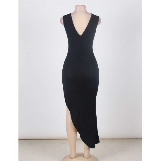 Black Side Ruched Asymmetric Maxi Dress