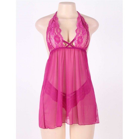 Plus Size Rosy Halter Stretch Mesh and Lace Babydoll