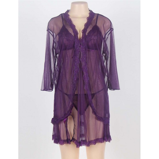 Purple Plus Size 3pc Transparent Lace Robe Lingerie