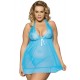 Blue Halter Plus Size Babydoll With G-String