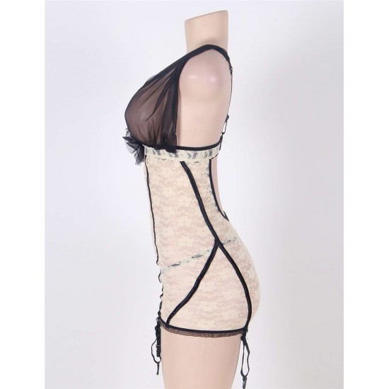 Black And Nude Plus Size Lace Open Back &Cup Babydoll