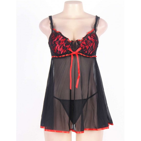 Black Plus Size Transparent Babydoll With Red Ribbon