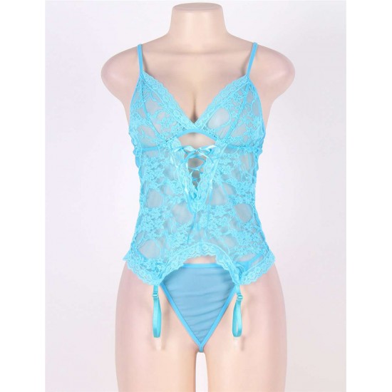 Plus Size Blue Lace Round Open Back Teddy