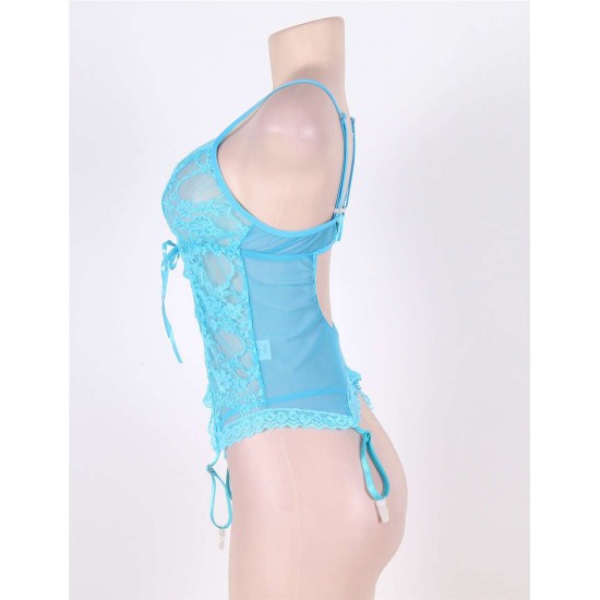 Plus Size Blue Lace Round Open Back Teddy