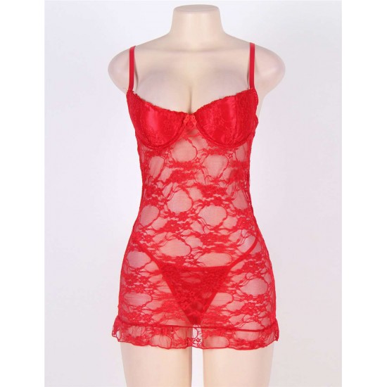 Red Plus Size Floral Lace And Mesh Lingerie