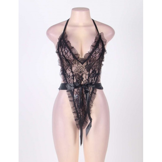 Lace Ruffle Teddy with Wrist Restraints