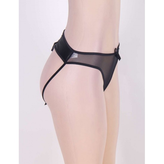 Mesh And Leather Strappy Crotchless Black Panty