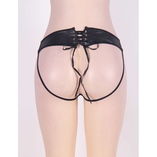 Mesh And Leather Strappy Crotchless Black Panty