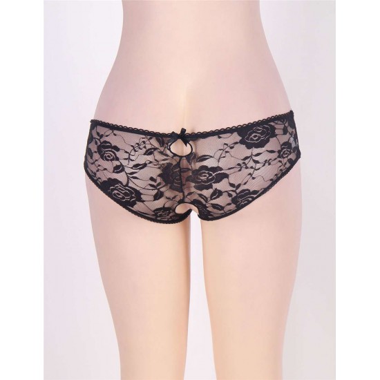 Black Open Crotch Strappy Lace Thongs