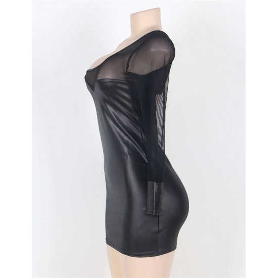 One Sleeve Black Mesh Leather Bodycon Dresses