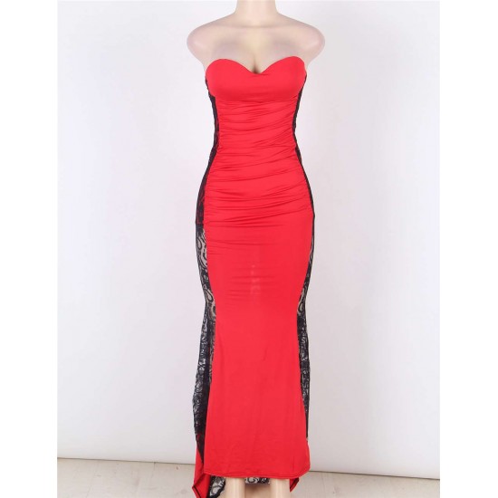 Plus Size Long Strapless Ruffle Floral Red Prom Dresses