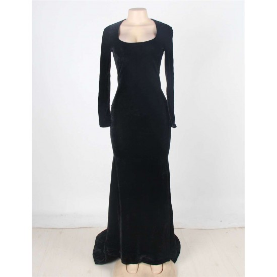 Black Long Sleeve Pattern Back Sheer Prom Dress