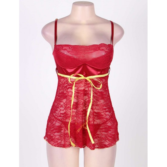 Erotic Dark Red Floral Lace Lingerie Set