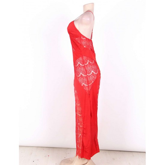 Red Lace Cross Open Back Long Dress