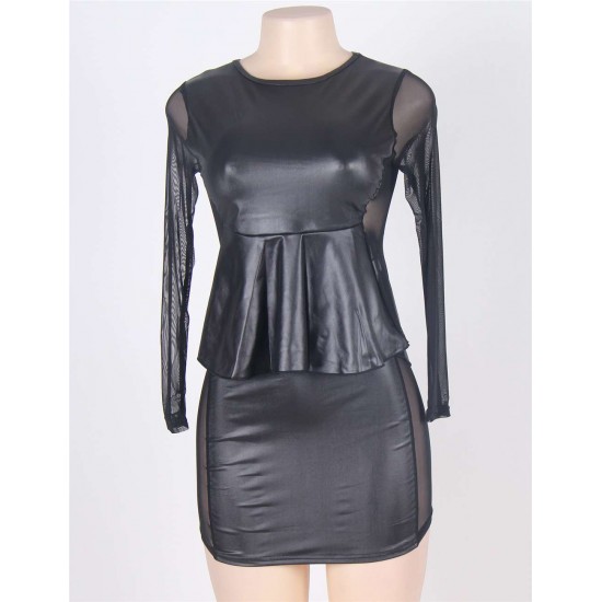 Black Leather Mesh Inset Peplum Top and Skirt